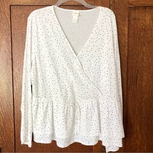 H&M white with black dots peplum v-neck top long sleeve size XL cotton